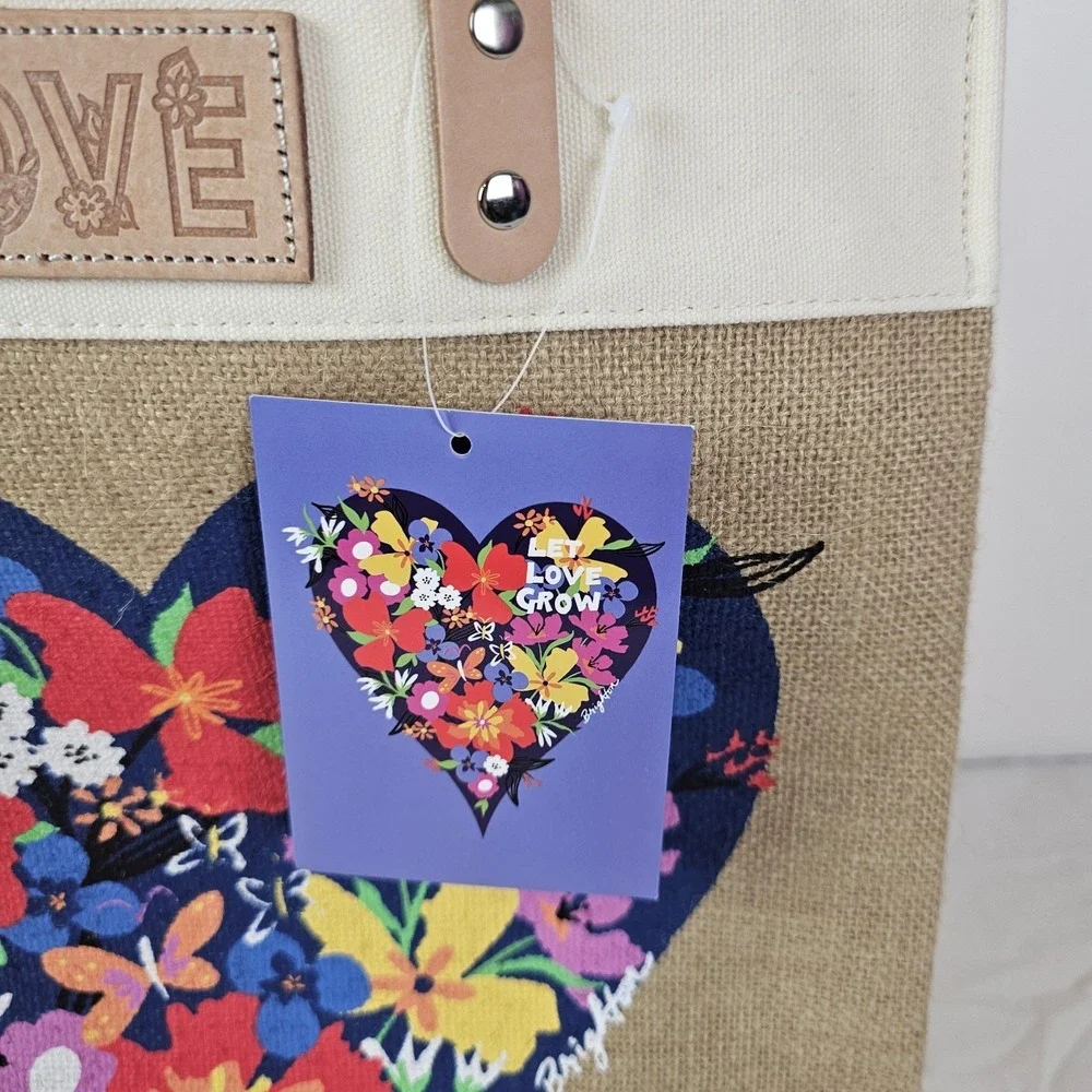 Brighton NWT  Let Love Grow Burlap Tote Bag Floral Heart Farmers Market Shopping